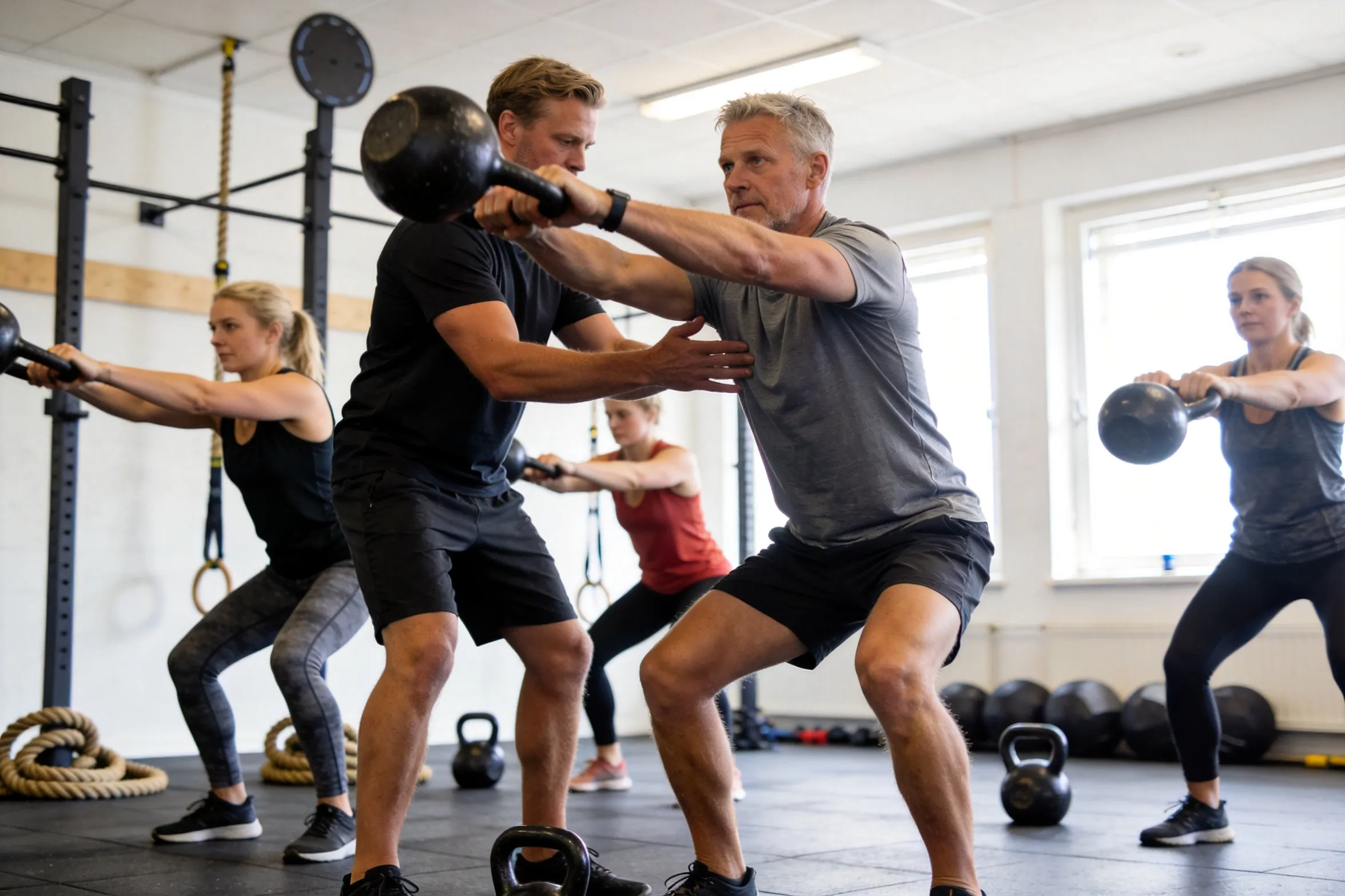 Funktionel træning med kettlebells og instruktør