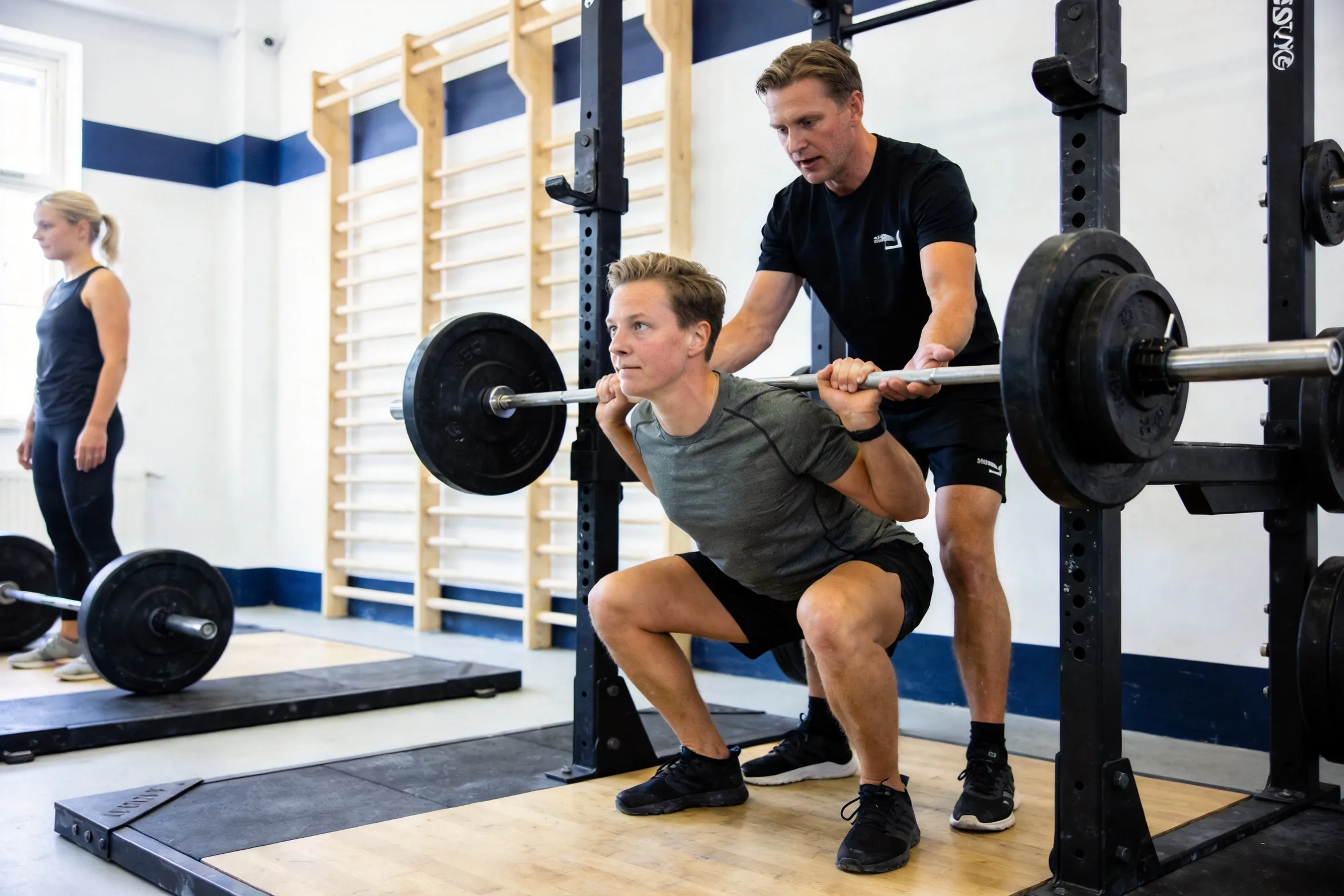 Styrketræning med vægtstang og instruktør på Strength-holdet