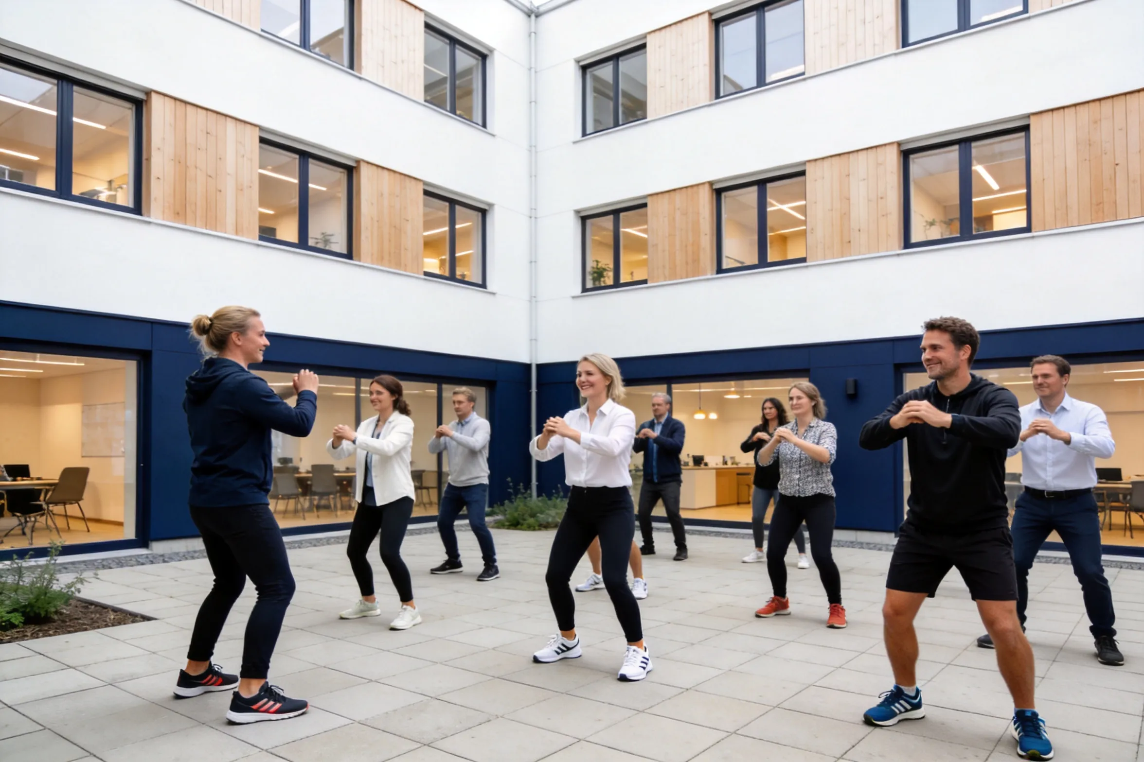 Instruktør fra Fitness Aalborg træner medarbejdere ved deres arbejdsplads